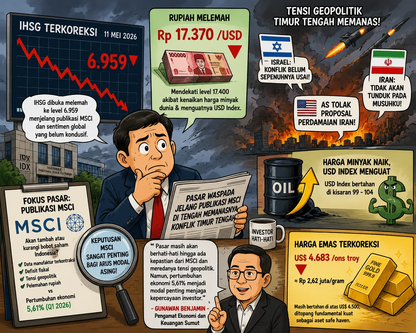 IHSG Terkoreksi Jelang Publikasi MSCI, Rupiah Melemah Dipicu Perang