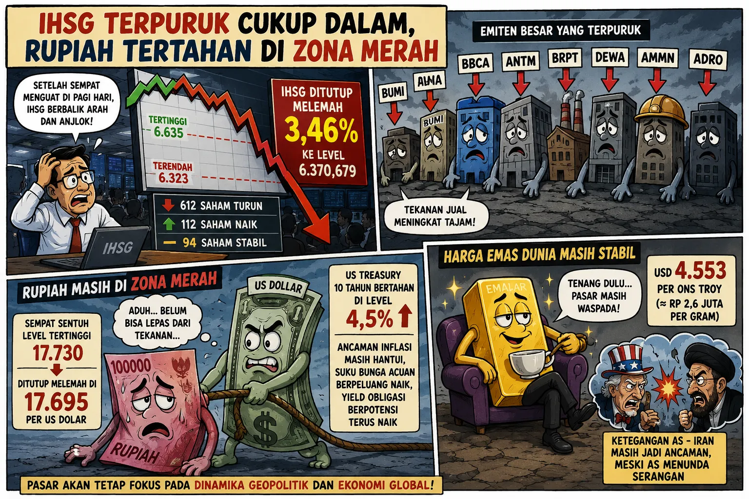 IHSG Terpuruk 3,46 Persen, Rupiah Masih Bertahan Di Zona Merah