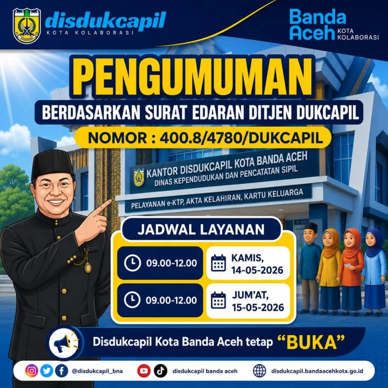 Disdukcapil Banda Aceh Tetap Buka Layanan Pada Libur Nasional Dan Cuti Bersama