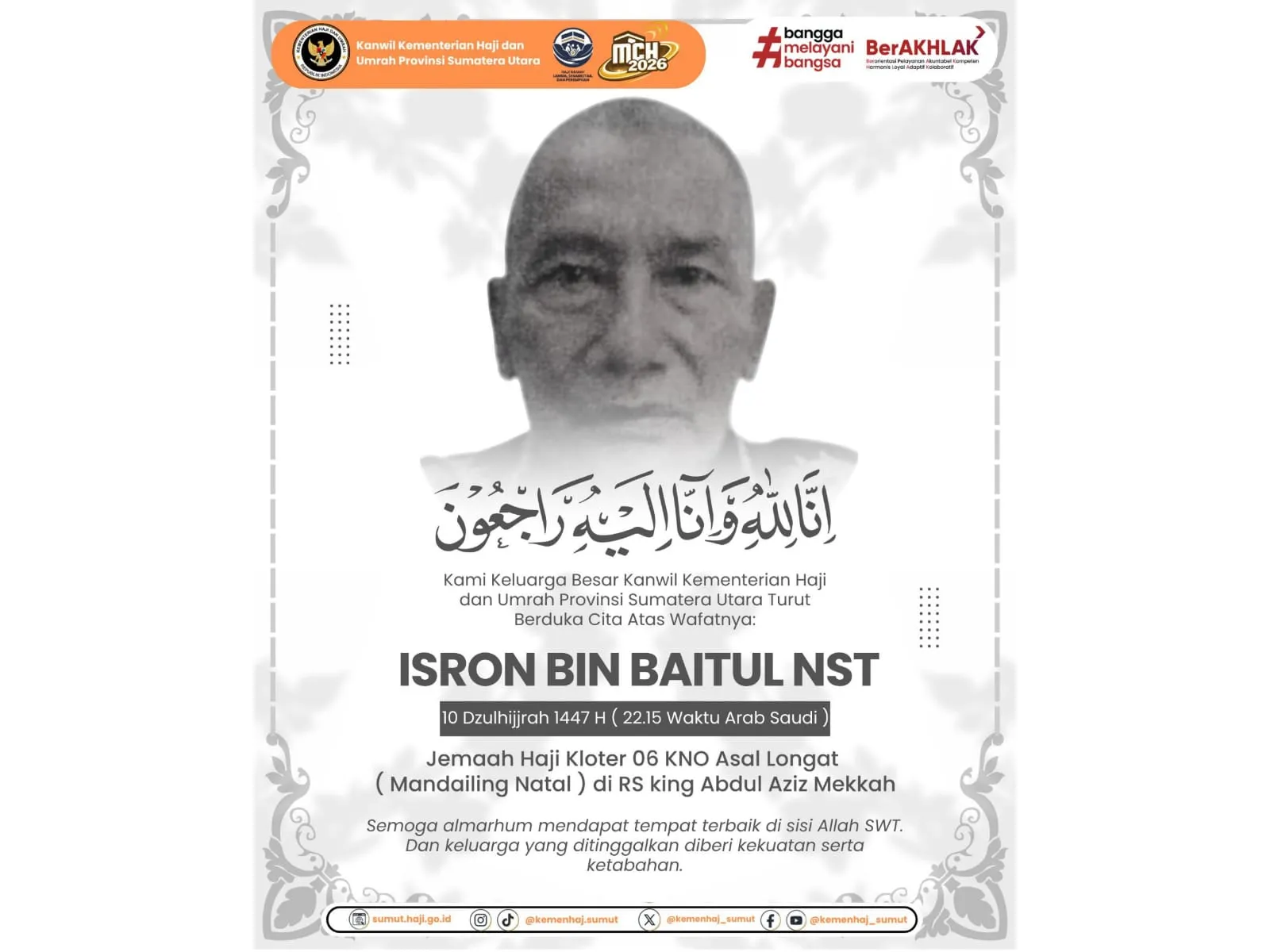 Satu Lagi Jemaah Asal Sumut Wafat di Arab Saudi