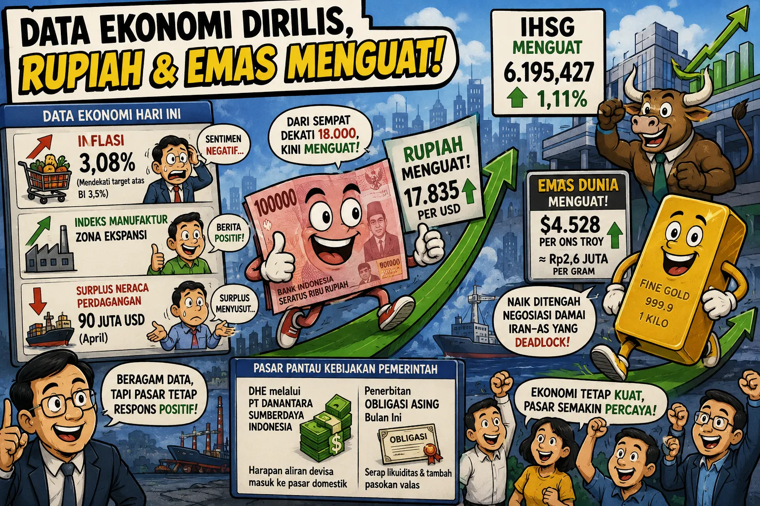 Meski Inflasi Naik, Rupiah, IHSG, Emas Kompak Menguat