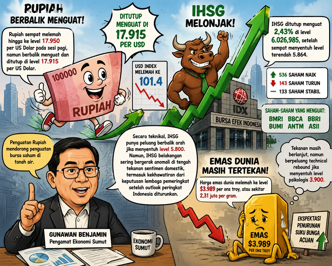 Rupiah Ditutup Menguat Tipis, IHSG Melonjak 2,43 Persen