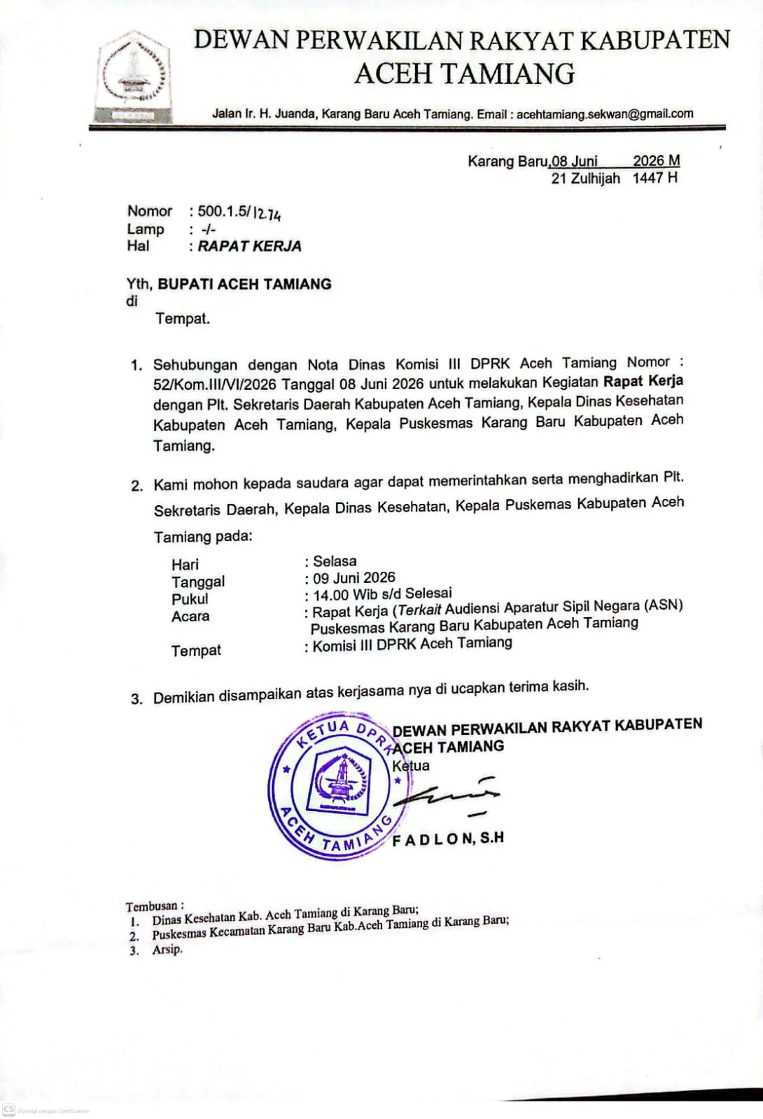 DPRK Aceh Tamiang Terbitkan Rekomendasi Terkait Kasus Ka. Puskesmas Karang Baru