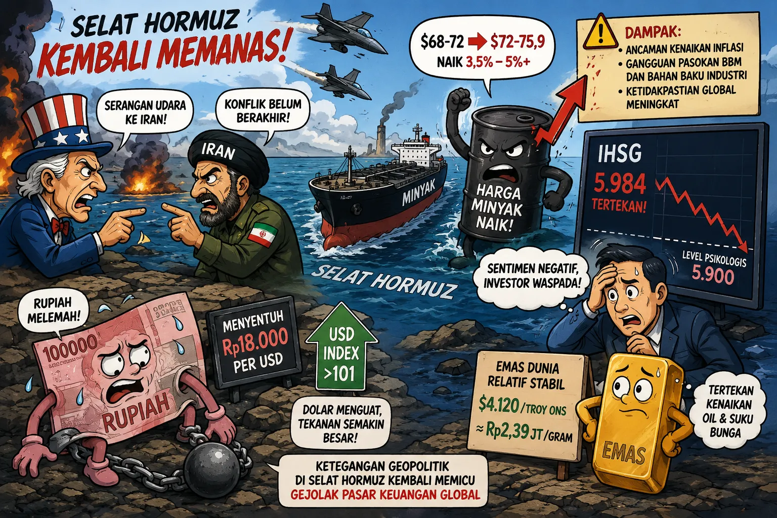 Selat Hormuz Memanas, Harga Minyak Melonjak, IHSG dan Rupiah Tertekan