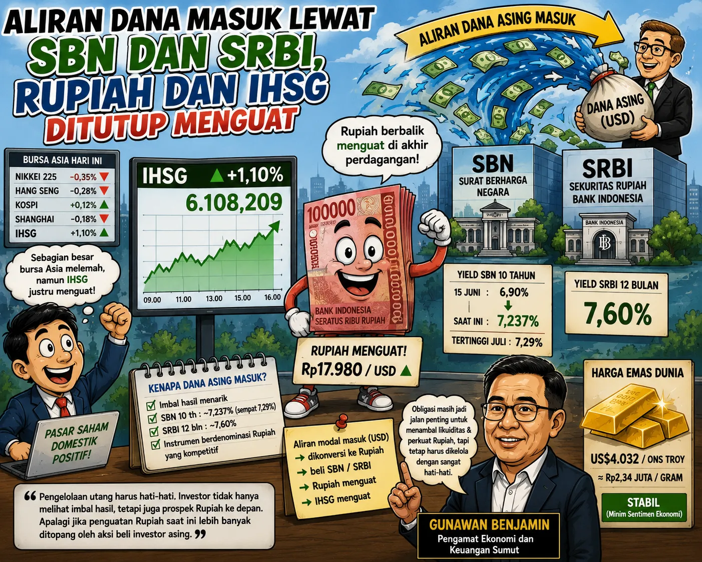 Aliran Dana Asing Ke SBN Dan SRBI, Rupiah Dan IHSG Ditutup Menguat