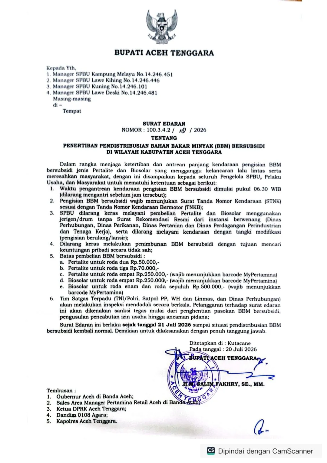 Atasi Antrean Panjang, Bupati Aceh Tenggara Terbitkan Aturan Baru Penyaluran BBM Bersubsidi