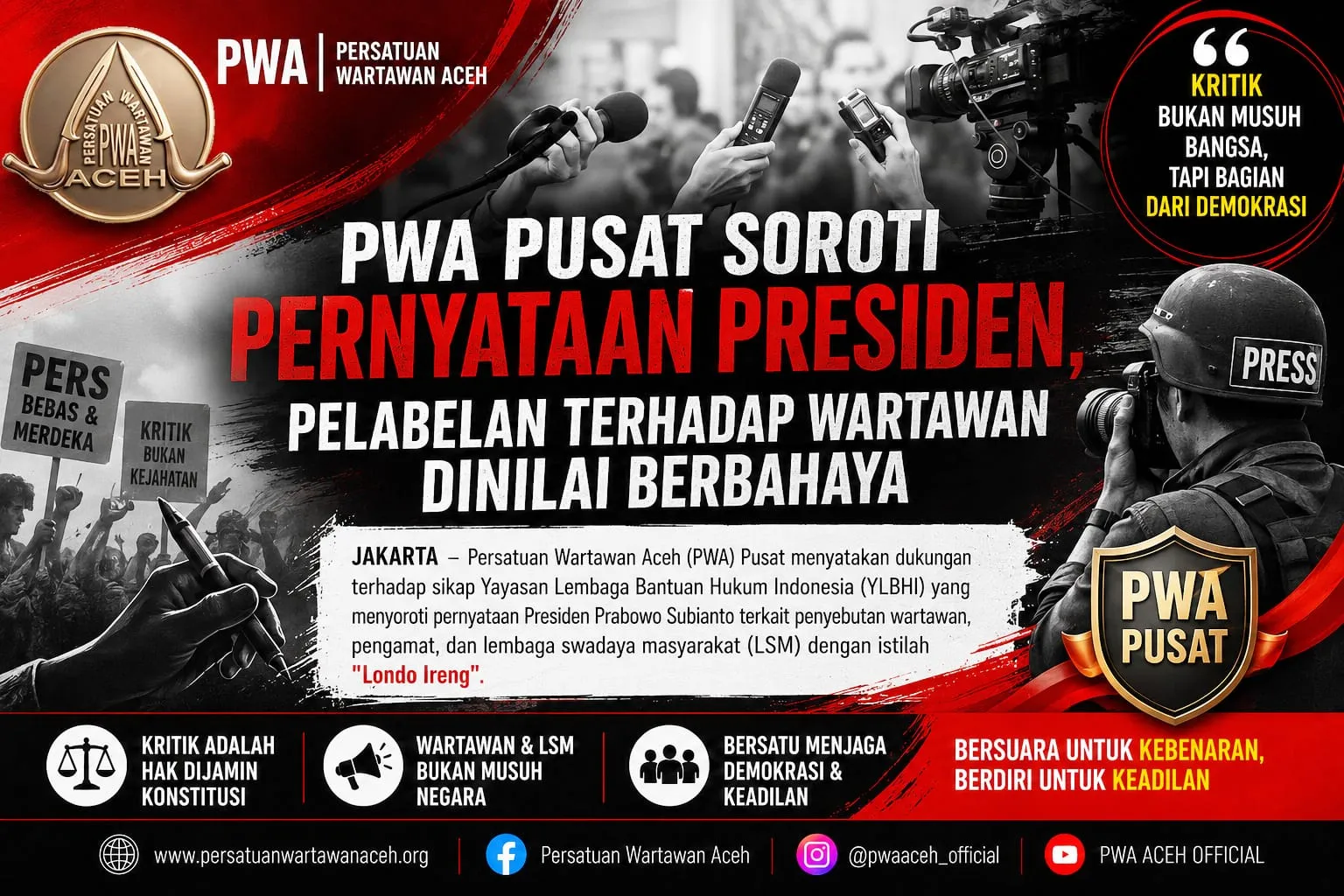 PWA Pusat Soroti Pernyataan Presiden, Pelabelan terhadap Wartawan Dinilai Berbahaya
