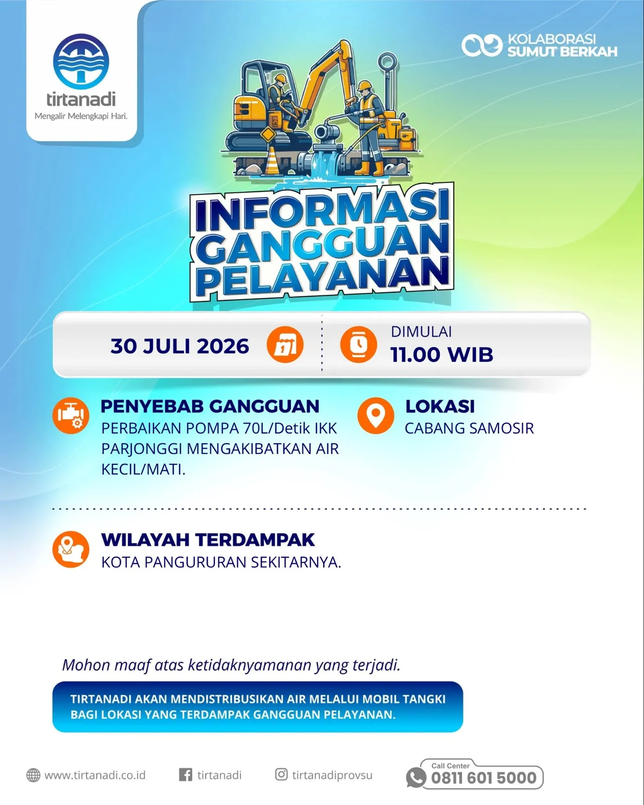 PDAM Tirtanadi Cabang Samosir Lakukan Perbaikan Pompa, Aliran Air di Pangururan dan Sekitarnya Terganggu Sementara
