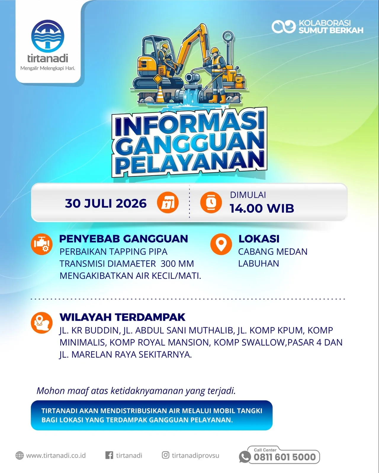 PDAM Tirtanadi Lakukan Penyambungan Pipa, Sejumlah Wilayah di Medan Alami Gangguan Air