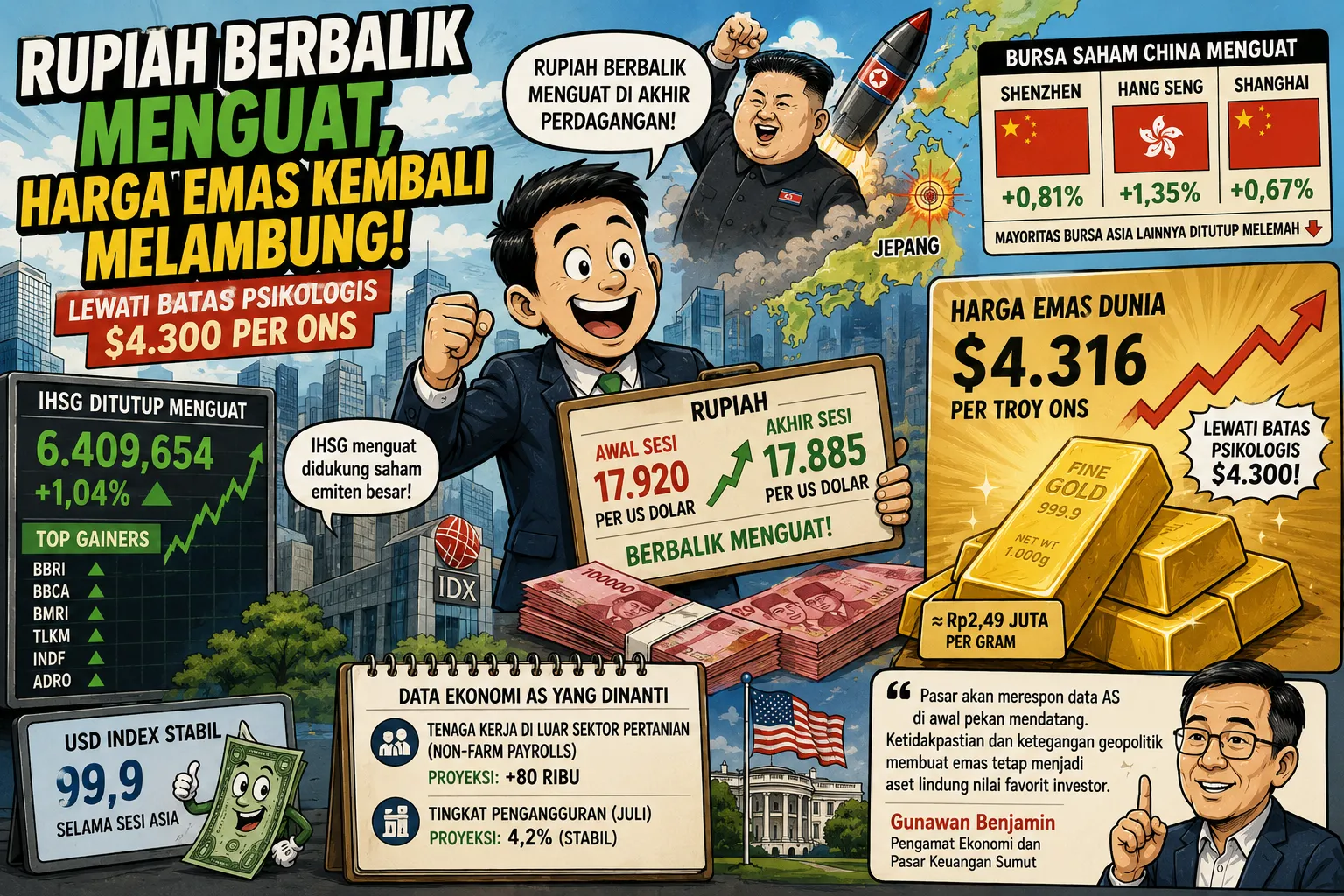 Rupiah Berbalik Menguat, Emas Tembus US$4.300 di Tengah Ketegangan Global