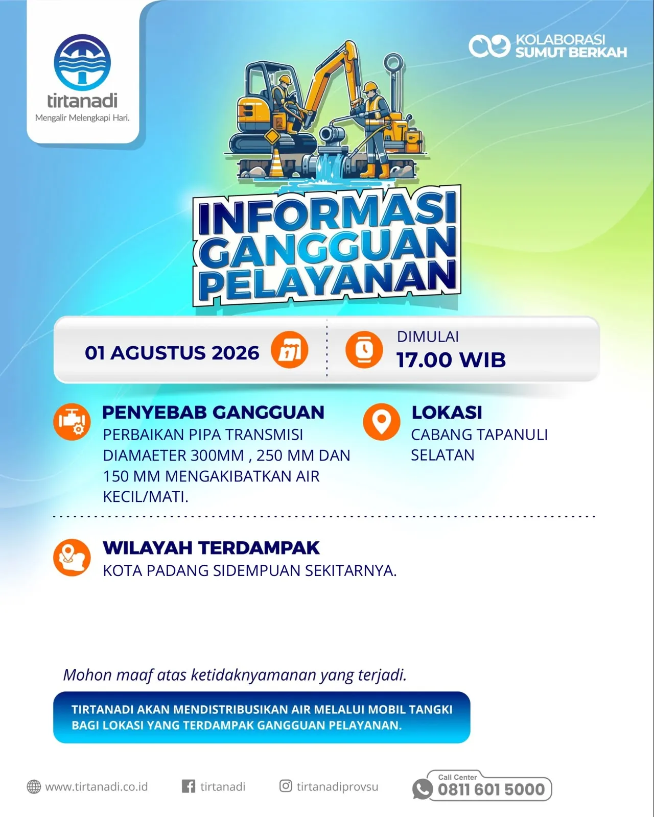 PDAM Tirtanadi Cabang Tapsel Perbaiki Pipa Rusak Akibat Longsor, Aliran Air di Padangsidimpuan Terganggu