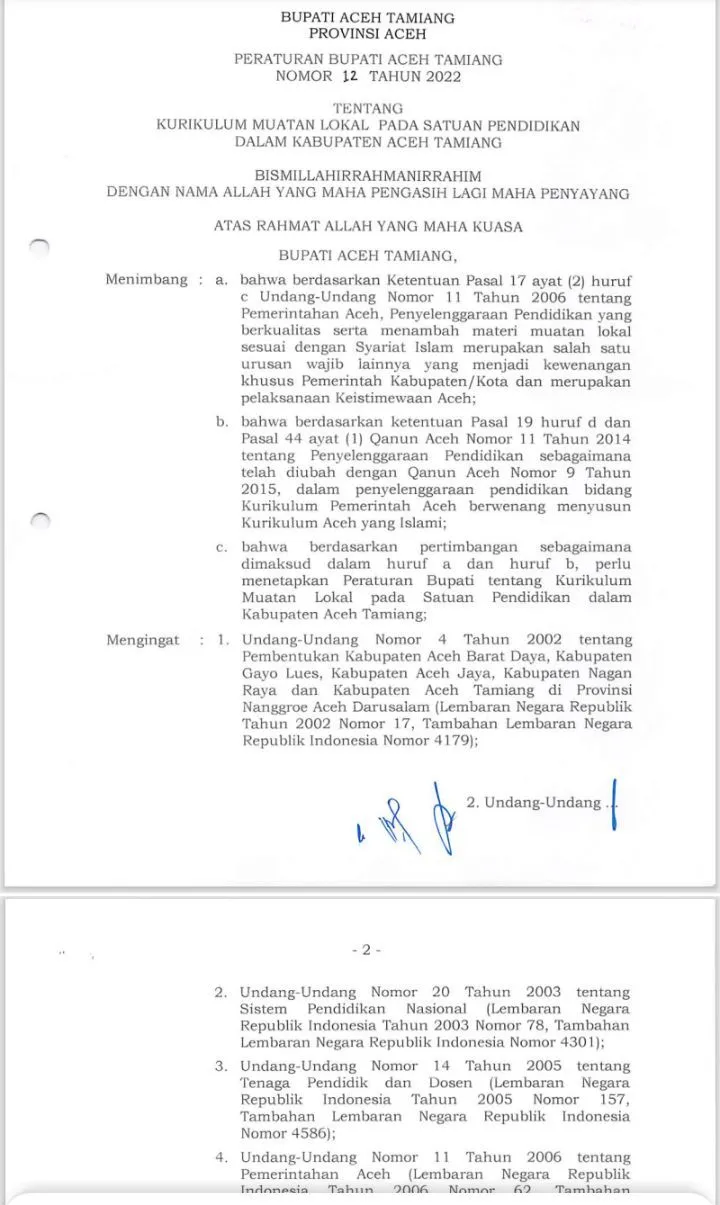 Peraturan Bupati Aceh Tamiang Nomor 12 Tahun 2022: Kurikulum Muatan Lokal Hanya "Cet Langet"