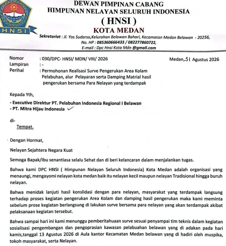 HNSI Kota Medan Minta Pelindo 1 Ajak Nelayan Survei Lokasi Pengerukan Alur dan Damping Hasil Pengerukan