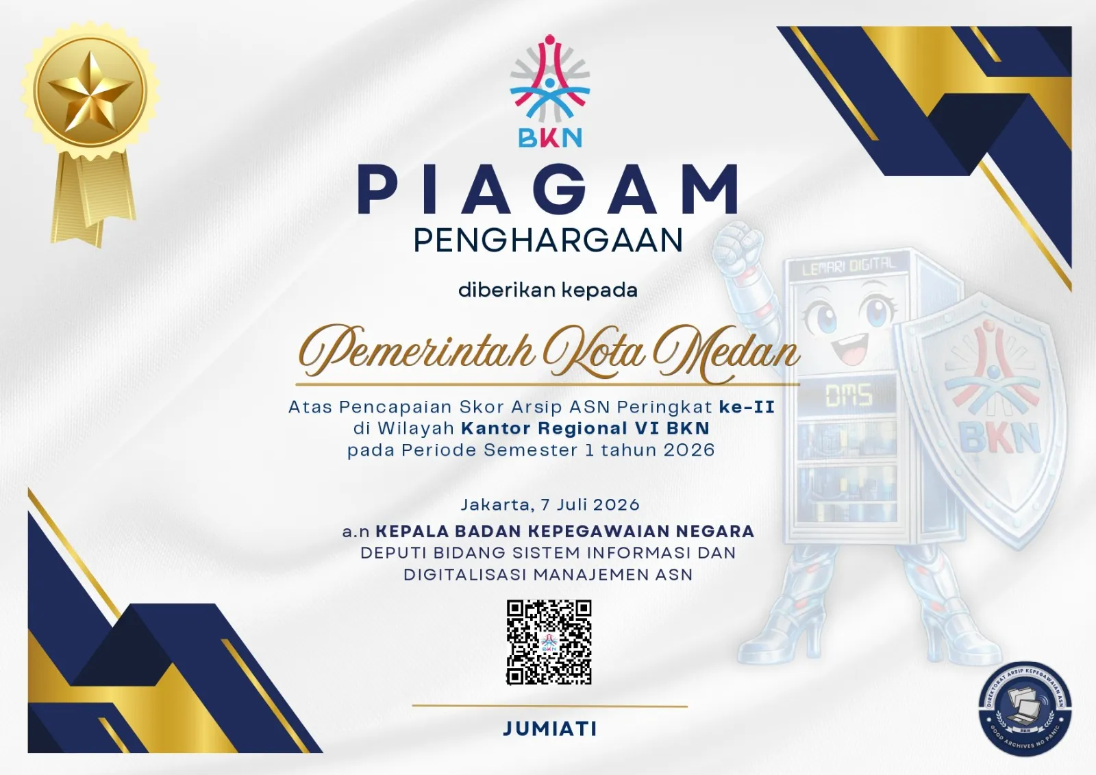 Pemko Medan Raih Peringkat II Skor Arsip ASN Wilayah Kanreg VI BKN