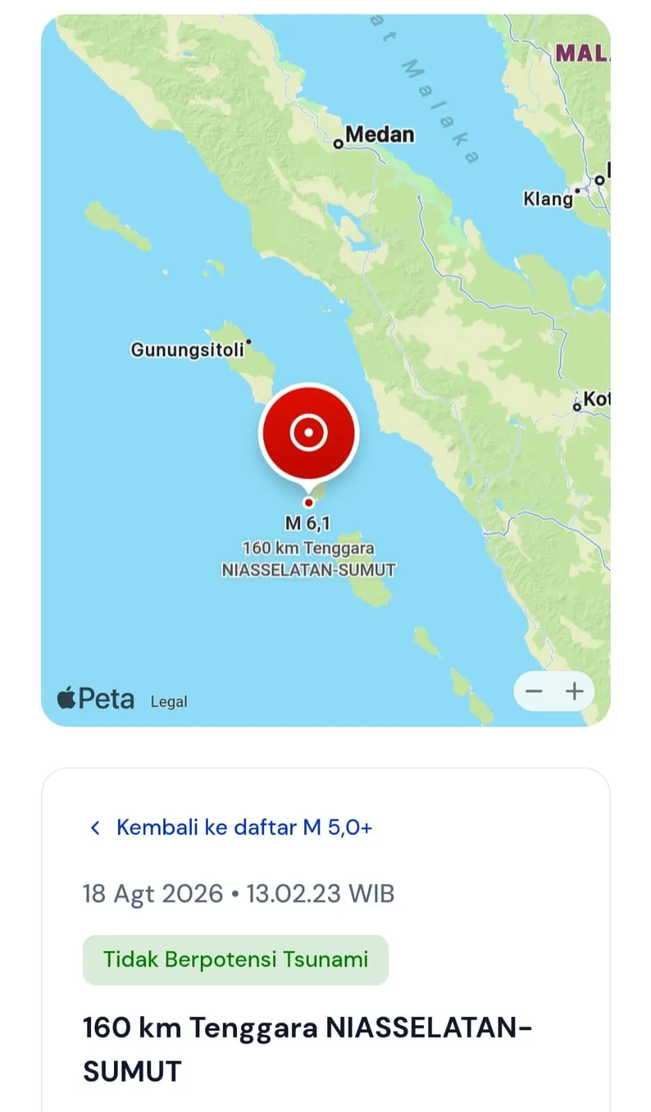 Gempa M 6,1 Guncang Nias Selatan