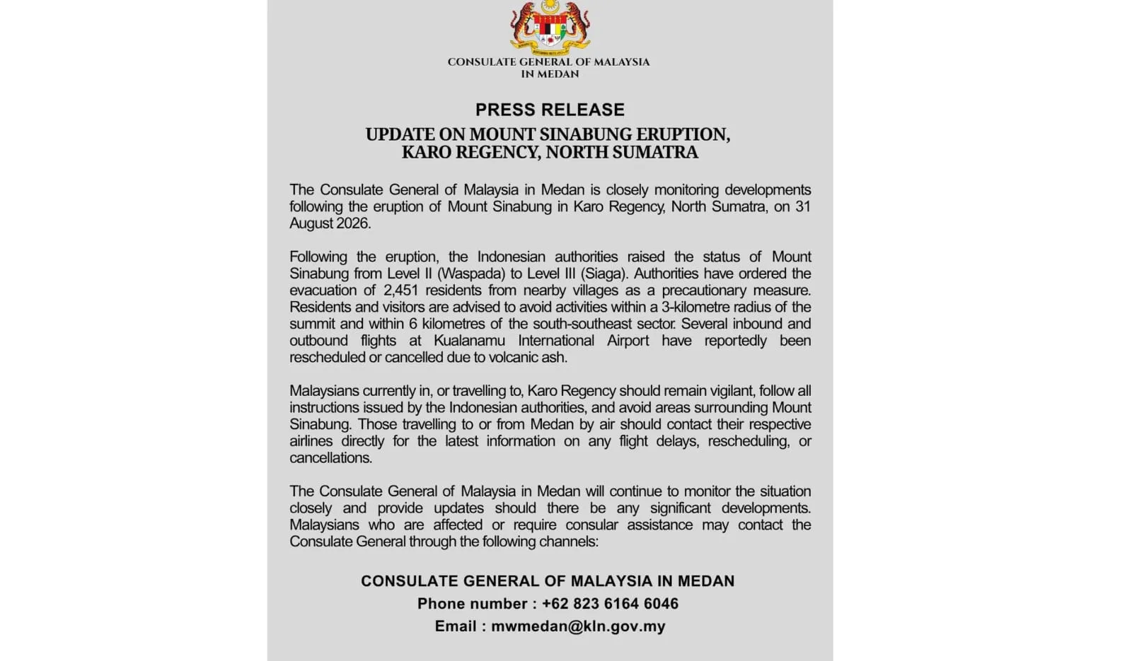 Gunung Sinabung Erupsi dan Naik Status Siaga, Penerbangan Kualanamu Terdampak dan Malaysia Imbau Warganya