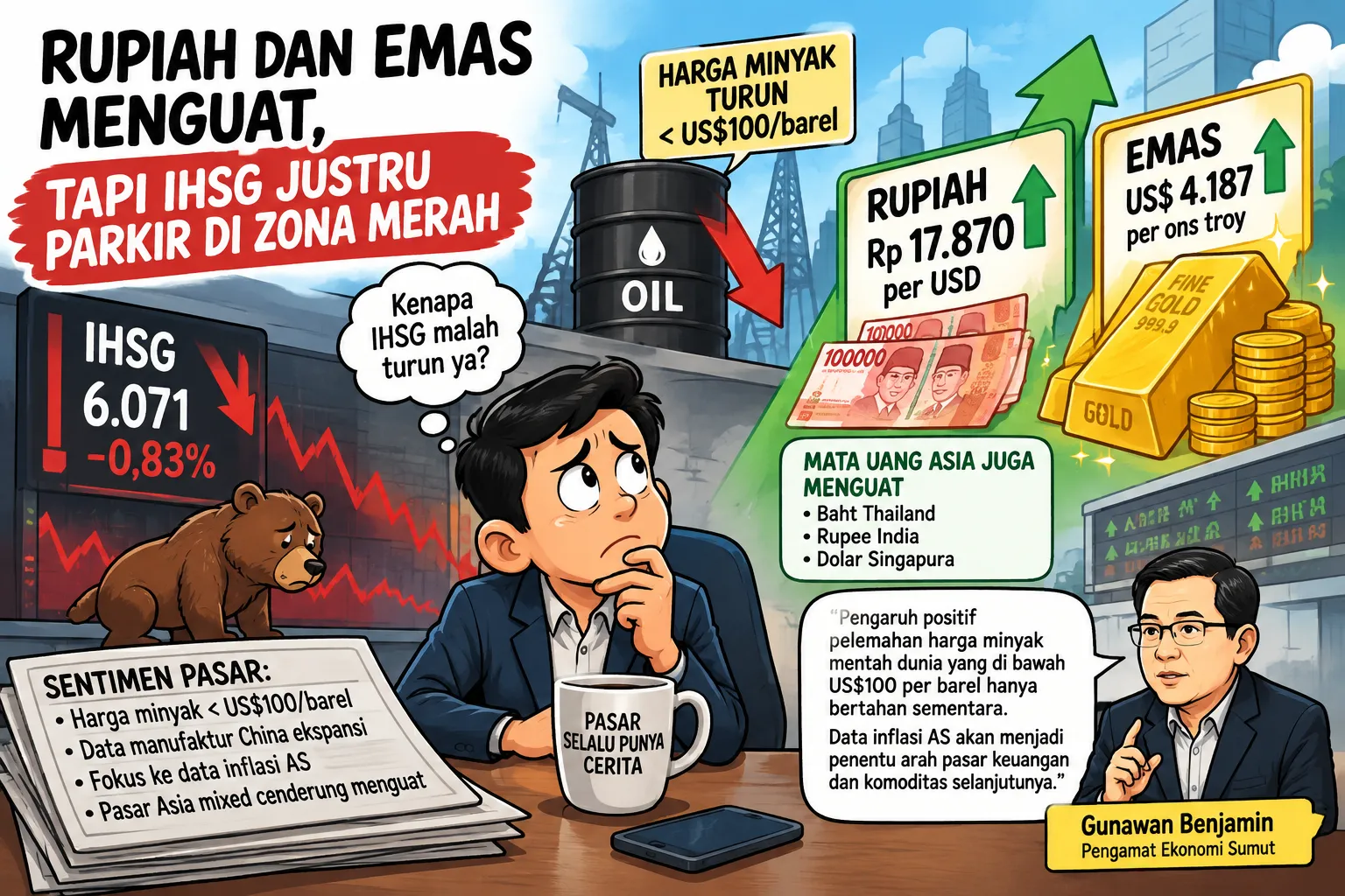 Rupiah dan Emas Menguat, IHSG Malah Terperosok ke Zona Merah