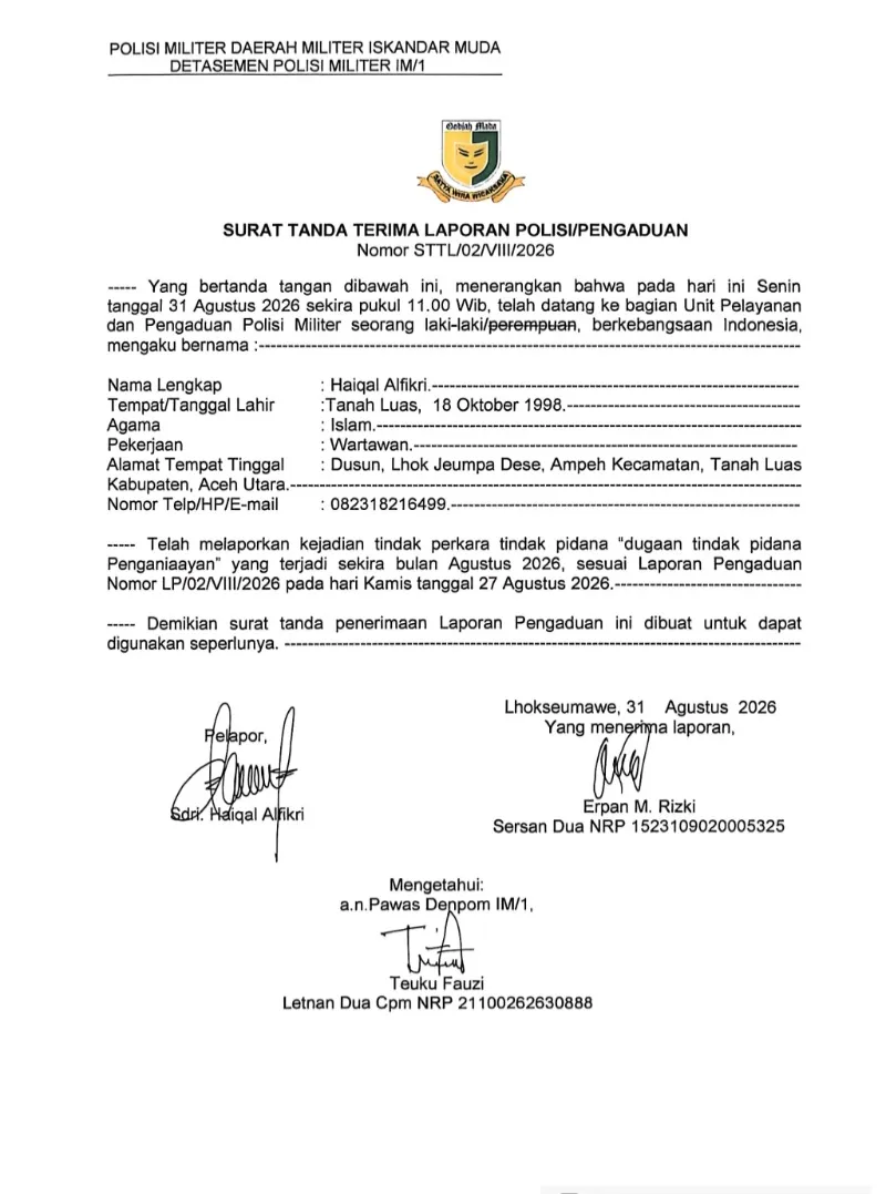 PWI Lhokseumawe Resmi Laporkan Dugaan Pemukulan Wartawan oleh Anggota TNI ke Denpom