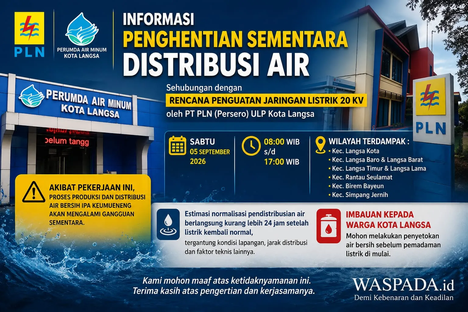 Rencana Penguatan Jaringan Listrik oleh PT PLN, IPA Perumda Air Minum Langsa Hentikan Sementara Distribusi Air