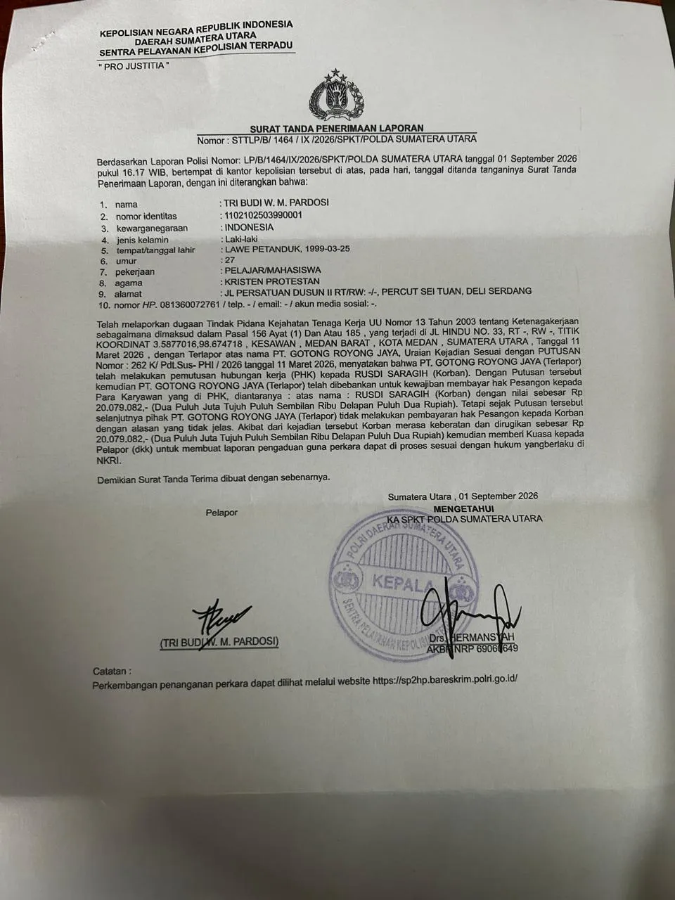 Pesangon Tak Dibayar, Mantan Karyawan PT GRJ Ngadu ke SPKT Poldasu