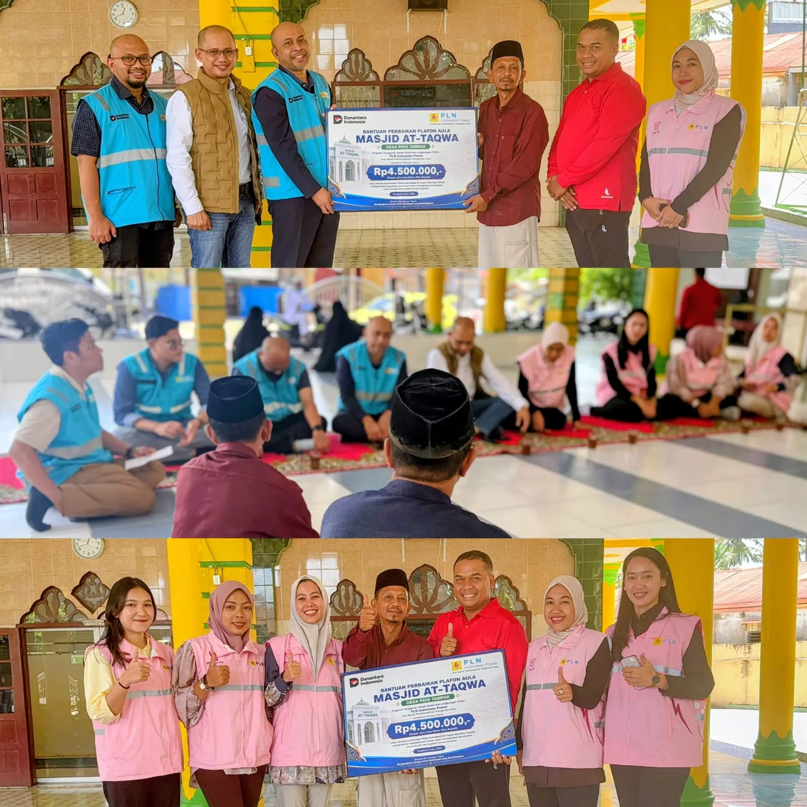 PLN Indonesia Power Bantu Perbaikan Plafon Aula Masjid AT-Taqwa Desa Paya Tampak