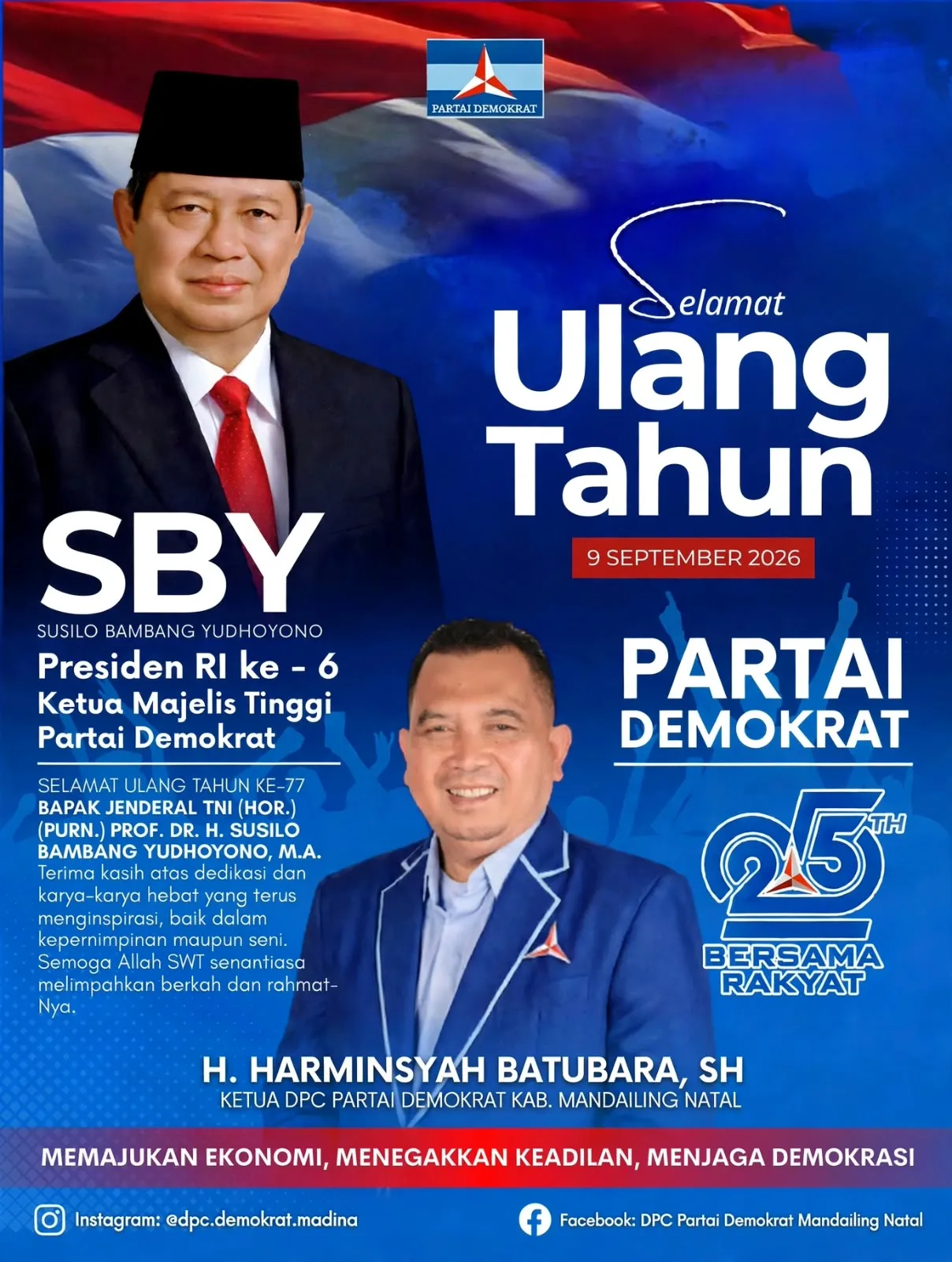 HUT ke-77 SBY & 25 Tahun Partai Demokrat, DPC Mandailing Natal Sampaikan Ucapan dan Apresiasi