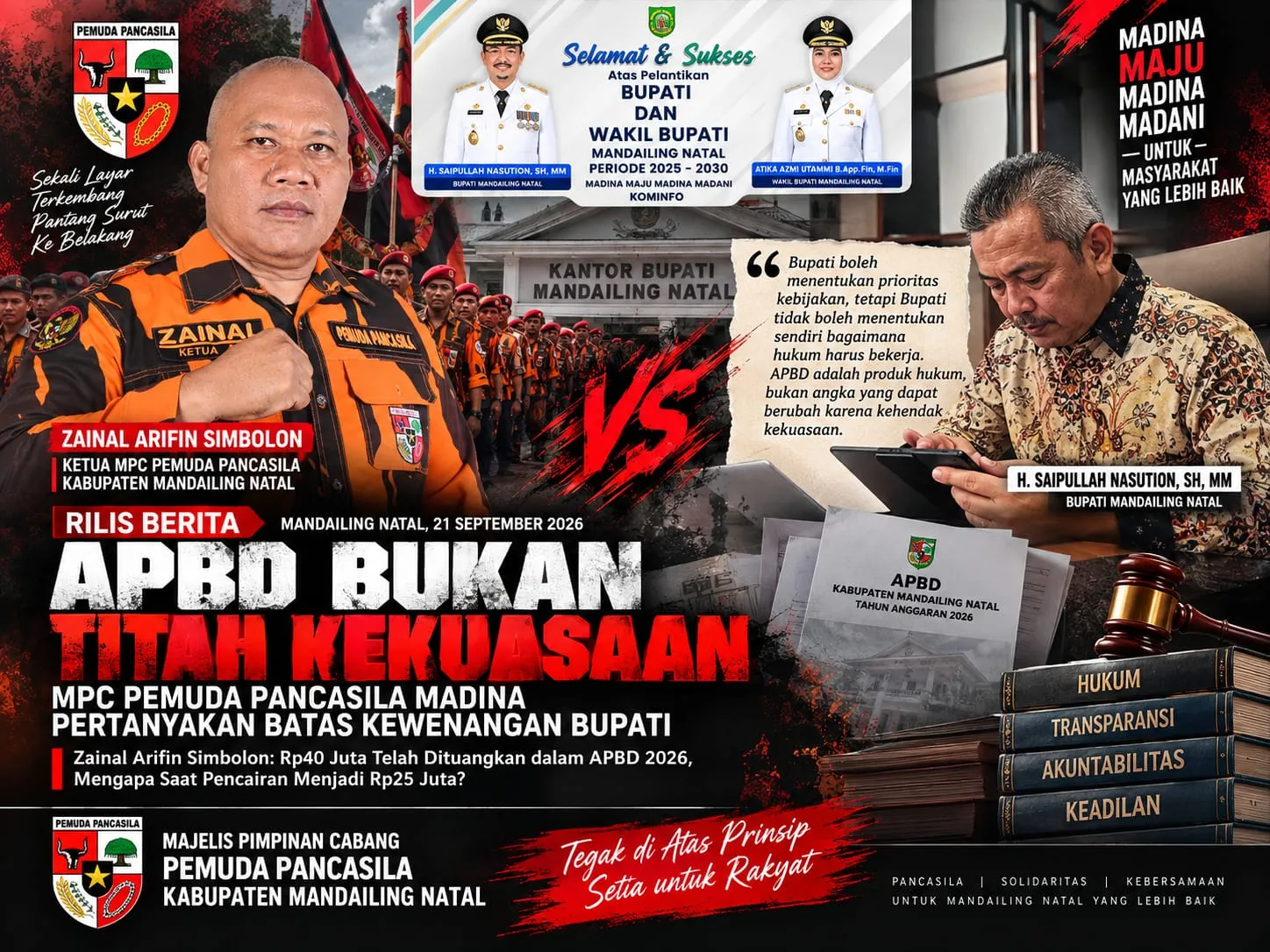Hibah Rp40 Juta Berubah Jadi Rp25 Juta, MPC Pemuda Pancasila Madina: APBD Bukan Titah Kekuasaan