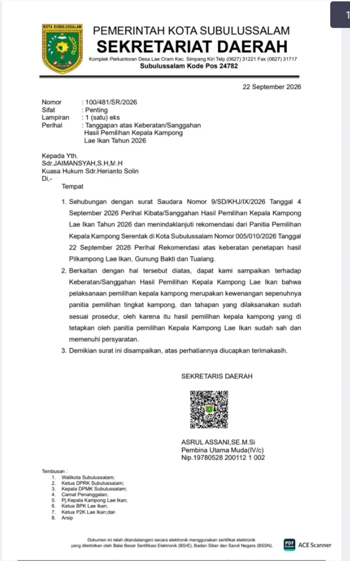 Kuasa Hukum Herianto Solin Sebut Sekda Subulussalam Salah Kamar