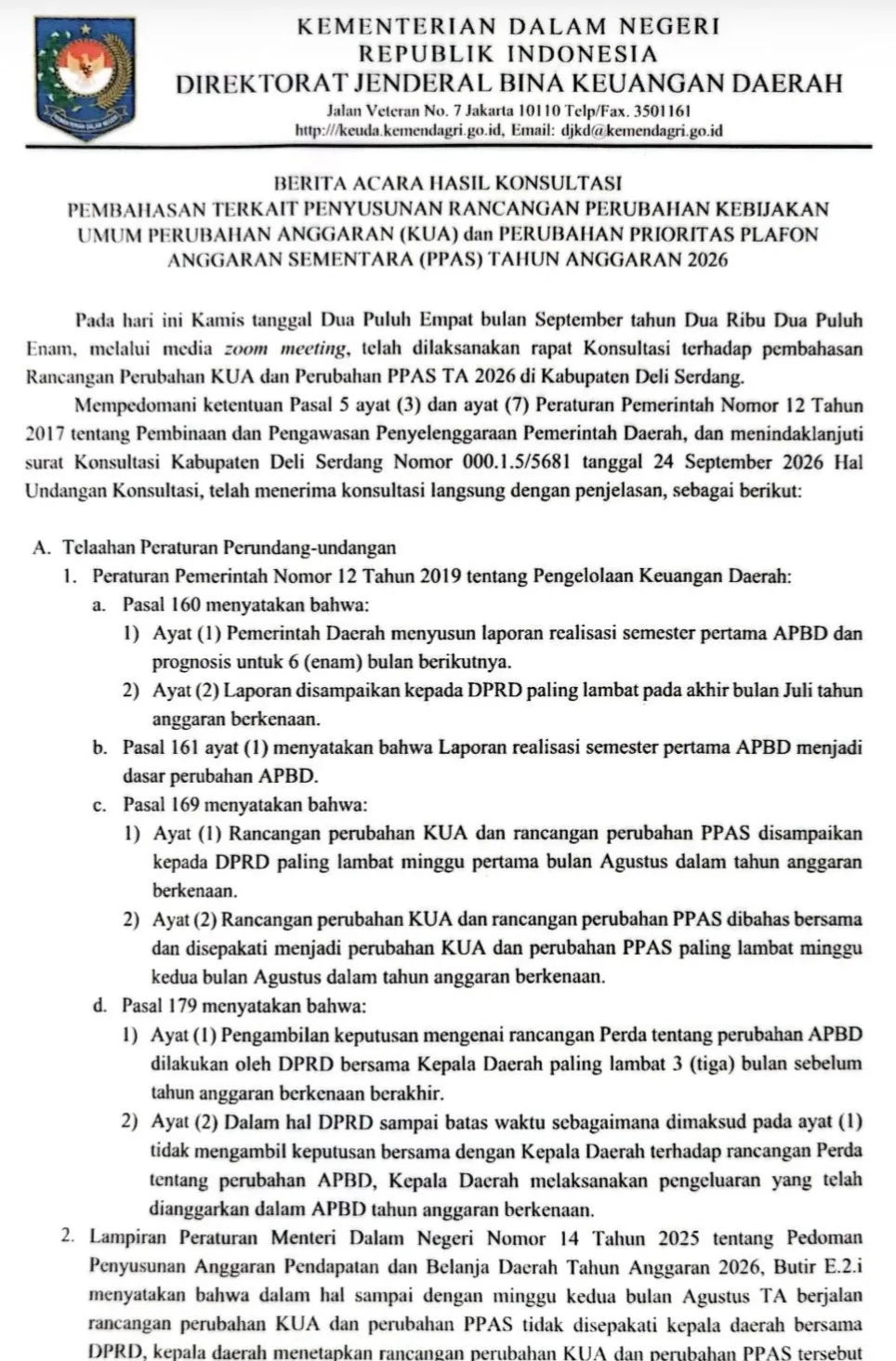 Terkait Perubahan KUA-PPAS 2026, Pemkab Deliserdang Konsultasikan ke Kemendagri