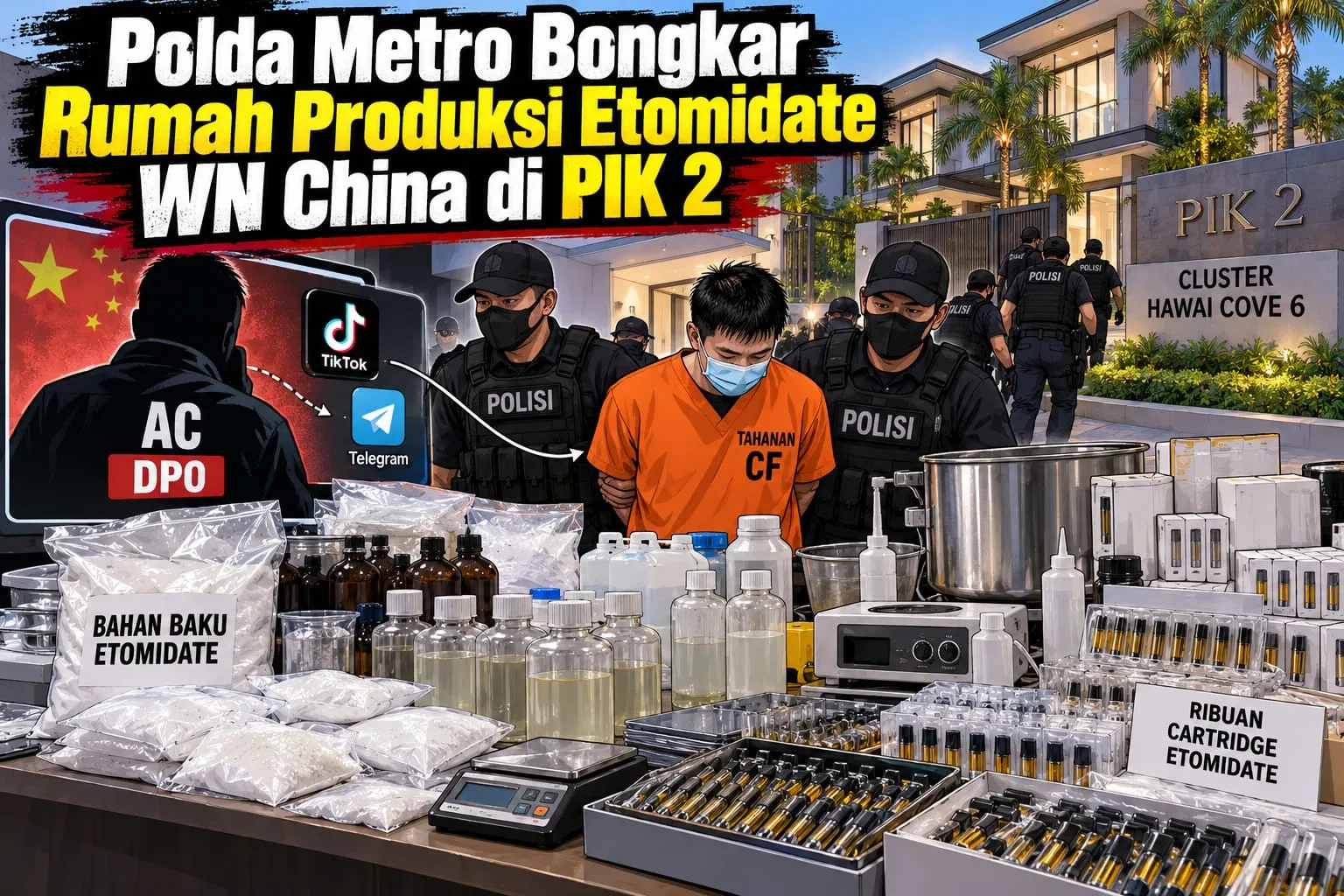 Polda Metro Bongkar Rumah Produksi Etomidate WN China di PIK 2
