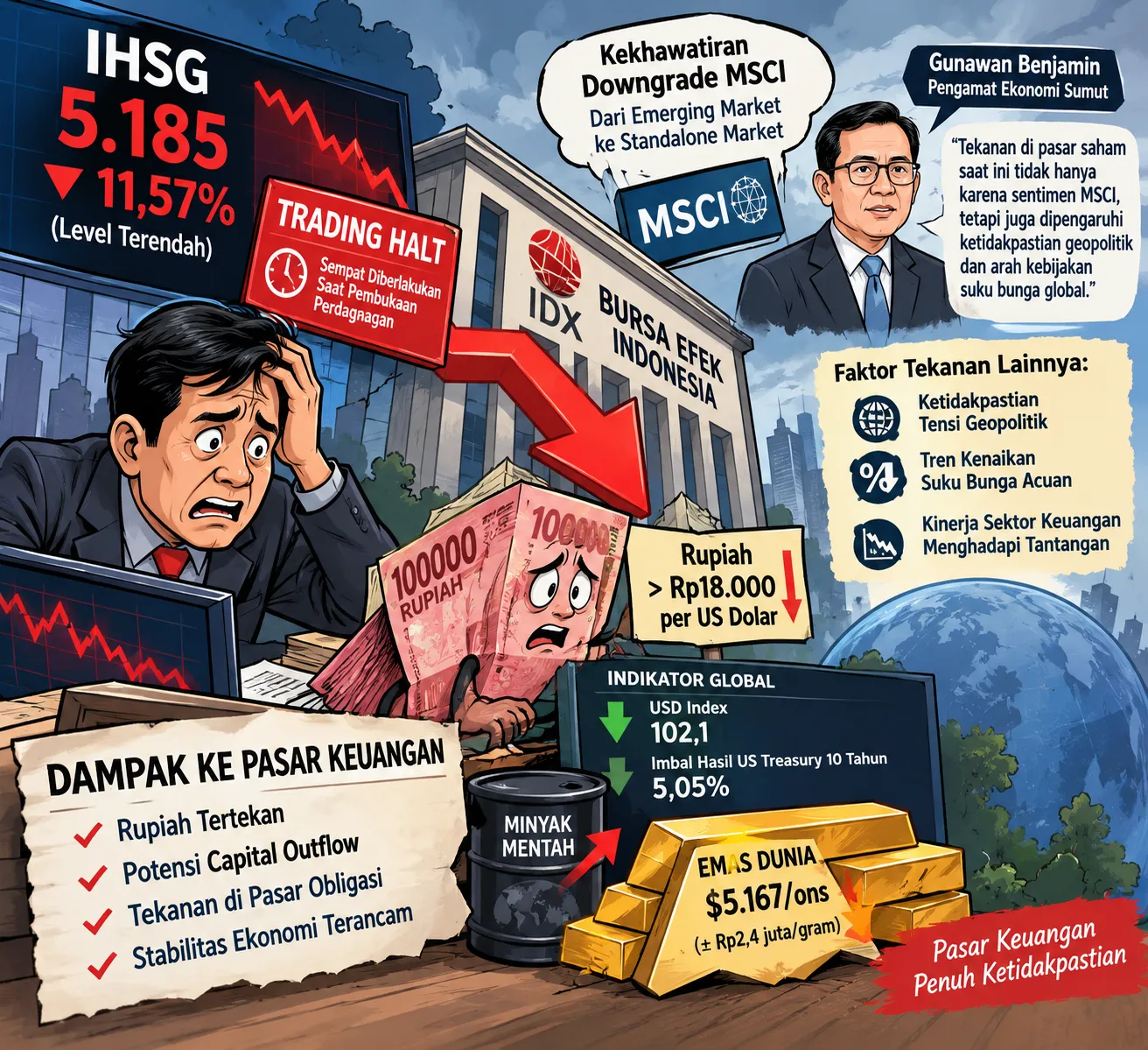 IHSG Ambruk 11,57 Persen, Rupiah Bertahan di Atas Rp18.000