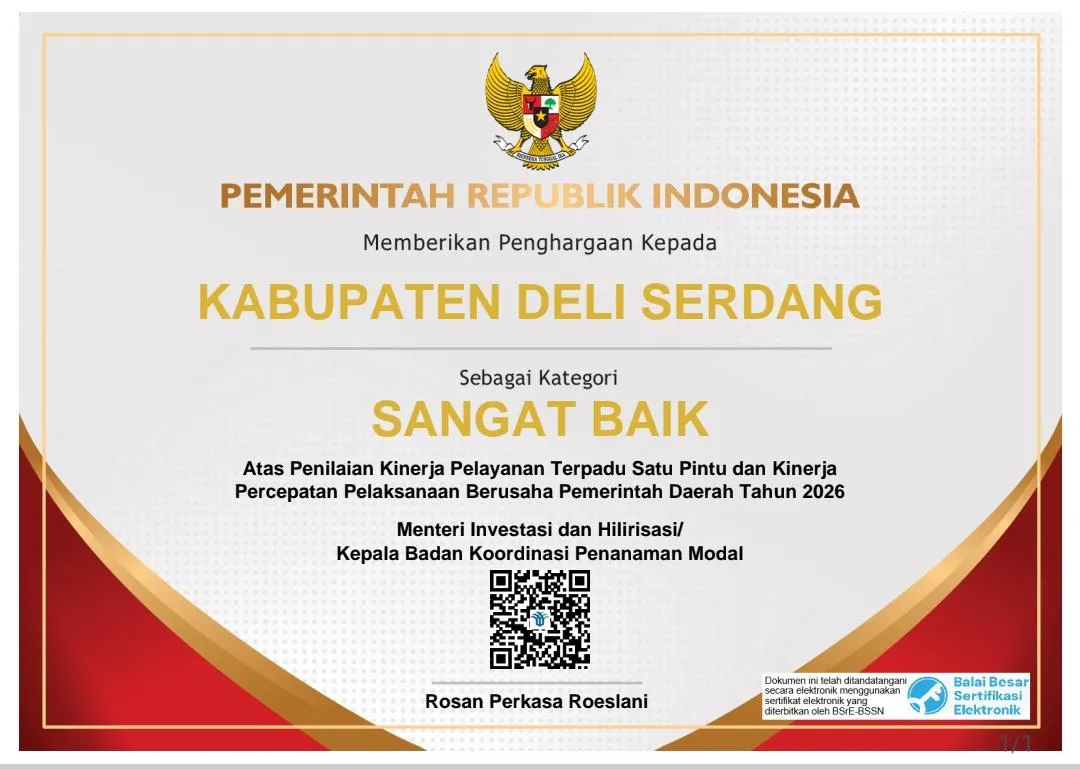 Deliserdang Raih Predikat Sangat Baik, Kinerja PTSP Naik Jadi 91,728 Poin