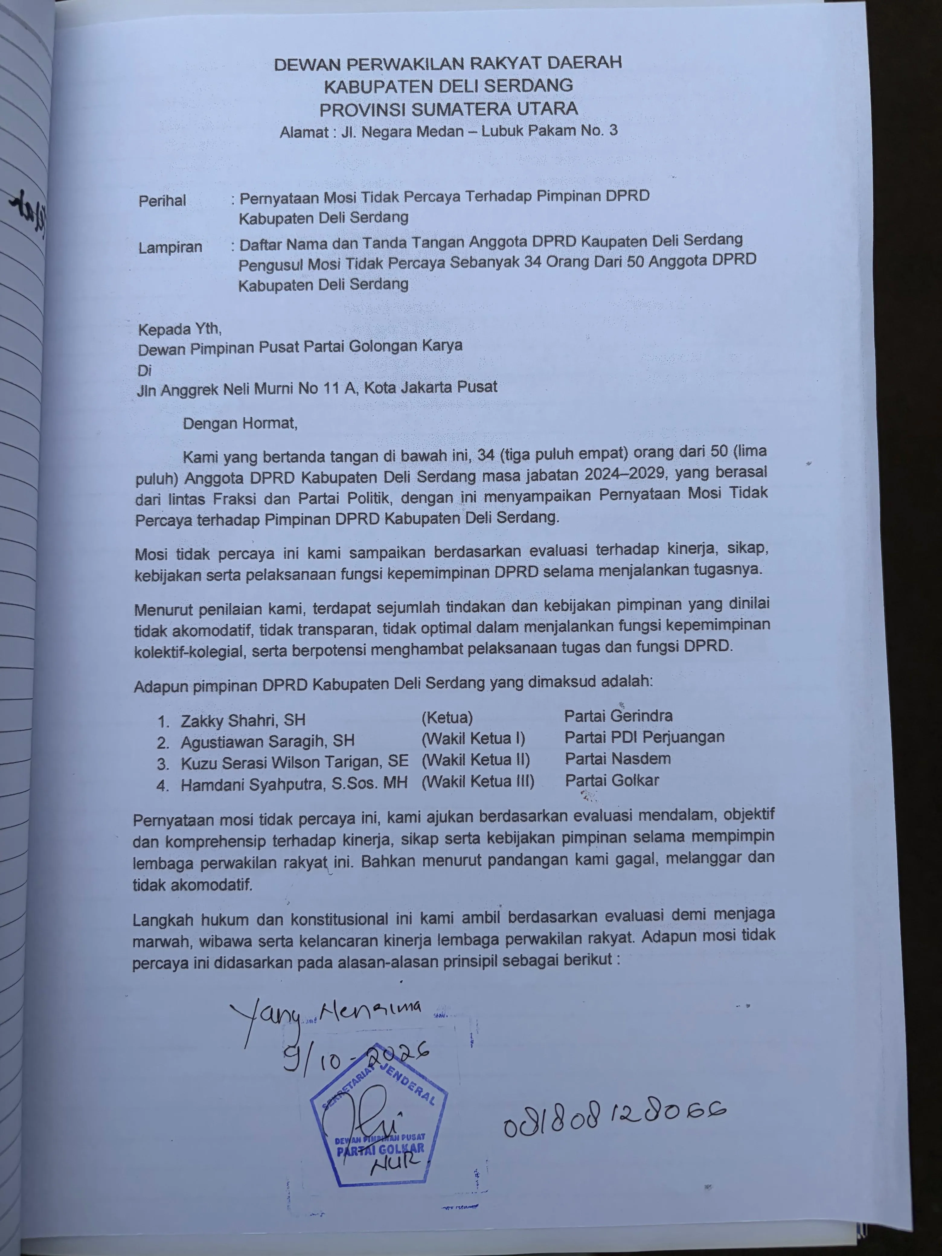 34 Anggota DPRD Deliserdang Sampaikan Mosi Tidak Percaya Terhadap Pimpinan Dewan