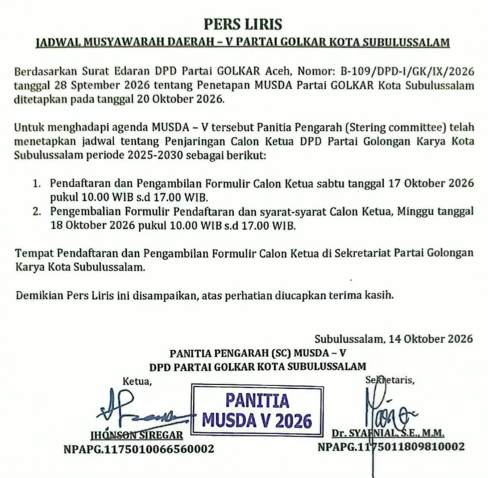Partai Golkar Subulussalam Musda, Selasa 20 Oktober 2026