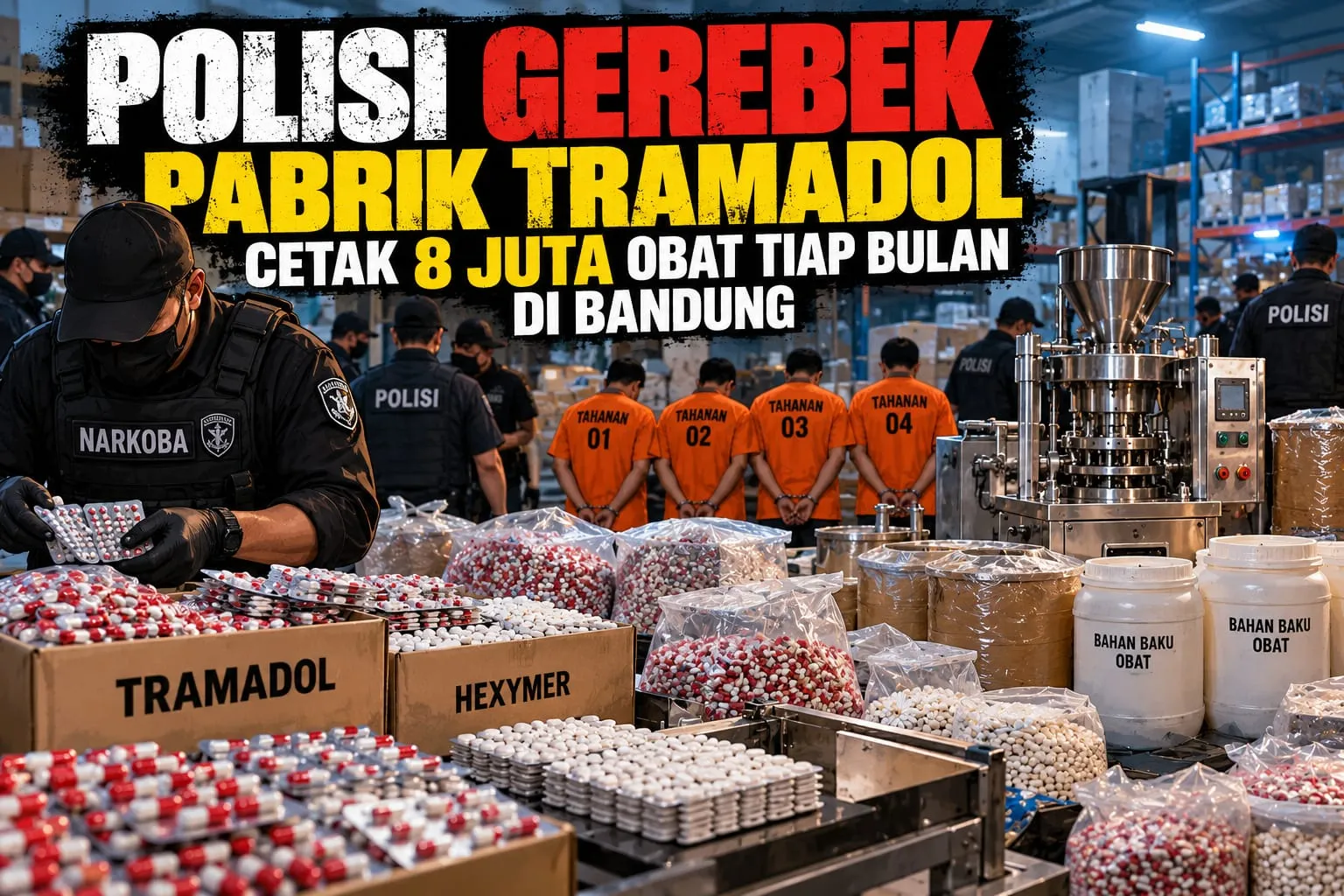 Polisi Gerebek Pabrik Tramadol Cetak 8 Juta Obat Tiap Bulan di Bandung