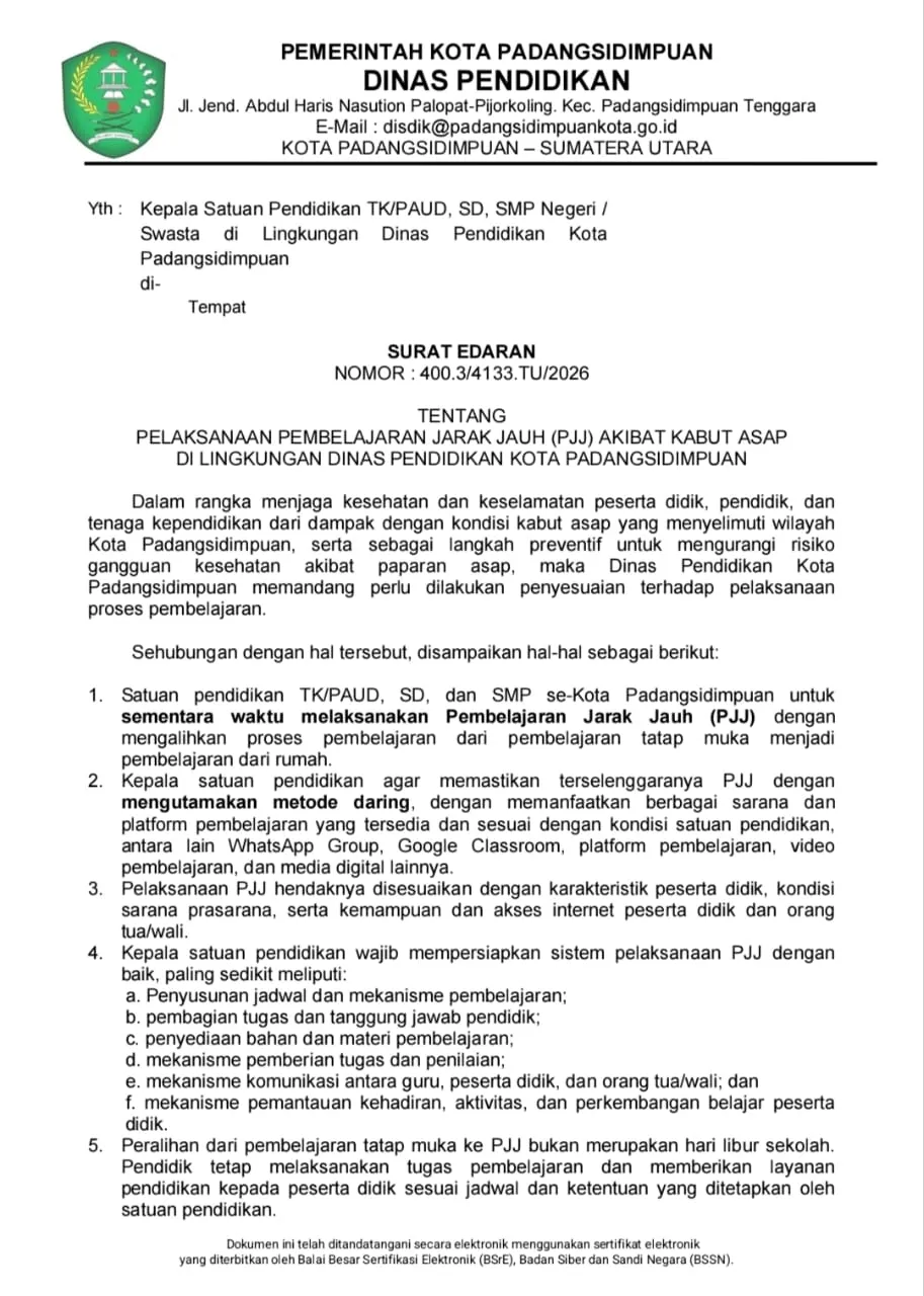 Kabut Asap Kian Menebal, Sekolah di Padangsidimpuan Terapkan PJJ Dua Hari
