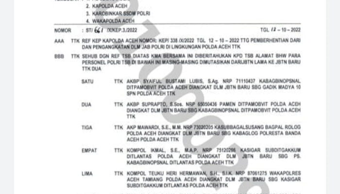 Sejumlah Pejabat Polres Bener Meriah, Termasuk Wakapolres Dimutasi
