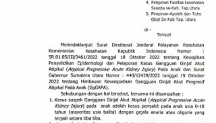 Kasus Gangguan Ginjal Akut Pada Anak Belum Ditemukan Di Tapanuli Utara