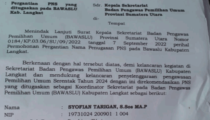 Kepala Sekretariat Bawaslu Langkat Sudah Empat Bulan Kosong