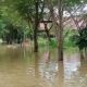 Badan Jalan di Komplek Perkantoran Pemkab Aceh Tamiang terendam banjir sehingga aktivitas di kawasan tersebut lumpuh, Selasa (1/11). Waspada.id/Muhammad Hanafiah