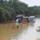 Tampak dua truk dan satu bus masih terjebak banjir dilintasan jalan negara yaitu dikawasan Seumadam, Kecamatan Kejuruan Muda, Aceh Tamiang, Jum’at (4/11). Waspada,id/ist