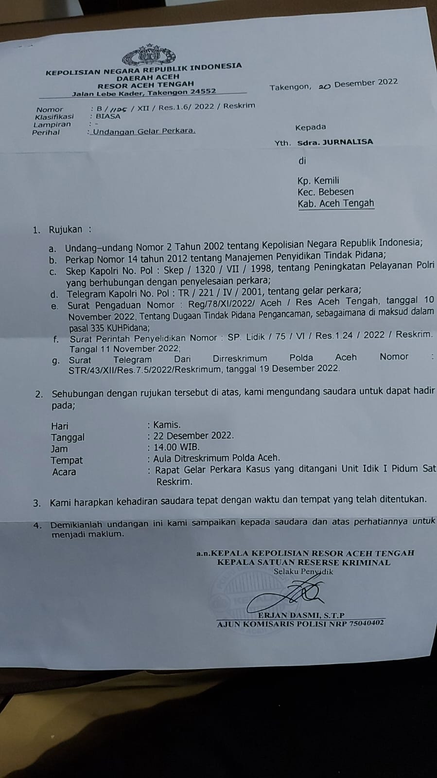 Polda Aceh Tangani Kasus Dugaan Pengancaman Wartawan Di Aceh Tengah