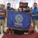 HANIFA, ketua Tim (tengah) menunjukkan medali emas yang mereka peroleh, bersama Muhammad Rionaldo, Ikri Novika Zusy, dan Ketua Umum IMM FISIP, Ilham Azhari (kiri), serta didampingi Dosen Pembimbing Sahran Saputra (kanan). Waspada/Ist  