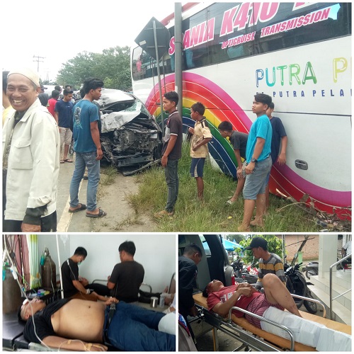TUBRUKAN antara Toyota Innova BK 1371 ZC dengan bus Putera Pelangi BL 7614 AA menelan tiga orang korban. Waspada/Asrirrais