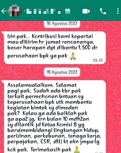 Terlihat diduga isi chat WhatsApp MAD meminta bantuan dan nada ancaman pada salah satu pihak perusahaan. Waspada/Ist