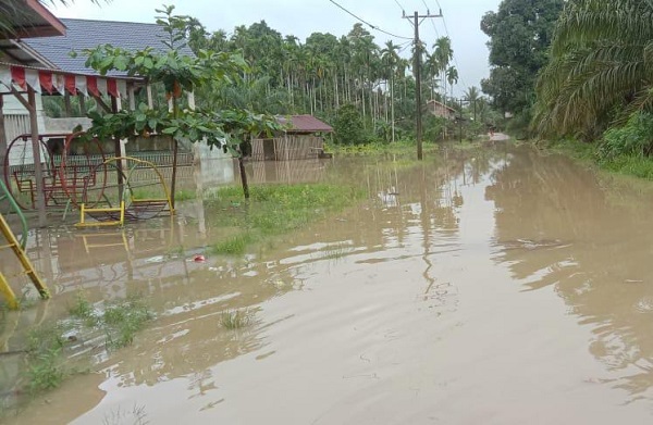 DIKEPUNG BANJIR: Banjir memutuskan arus transportasi dan puluhan rumah tergenang di Gampong Pante Labu, Pante Bidari, Aceh Timur, Rabu (21/12). Waspada/Ist.