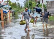 Warga Kota Sigli membersihkan tikar plastik dari endapan lumpur bekas banjir di jalan yang masih tergenang air bah, Selasa (24/1). Waspada/Muhammad Riza