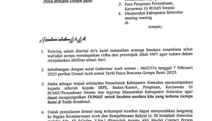 Pemkab Simeulue Imbau Rakyat Bantu Korban Gempa Turki