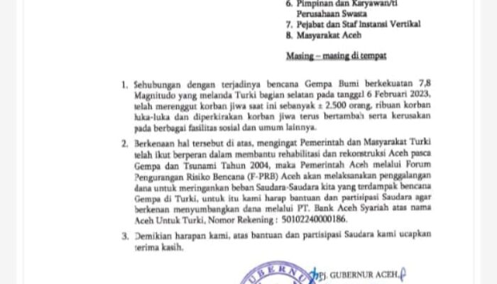 Imbauan Pj Gubernur Aceh Bantu Turki Gugah Korban Smong
