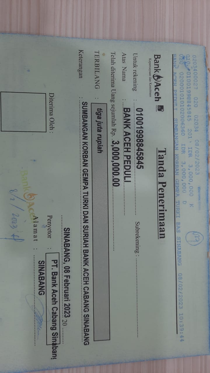 Bank Aceh Sinabang Kumpul Rp3 Juta Untuk Turki Dan Suriah